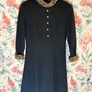 Vintage Black Dress with Leopard Print Faux Fur Accents